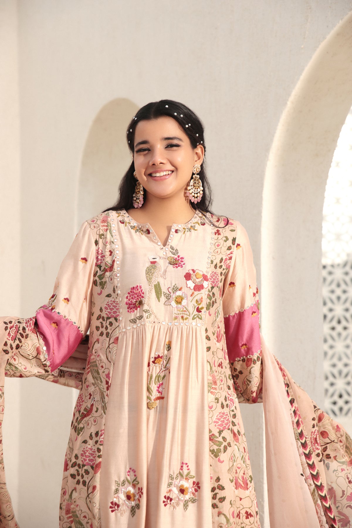 Beige Pink A Line Kurta Set