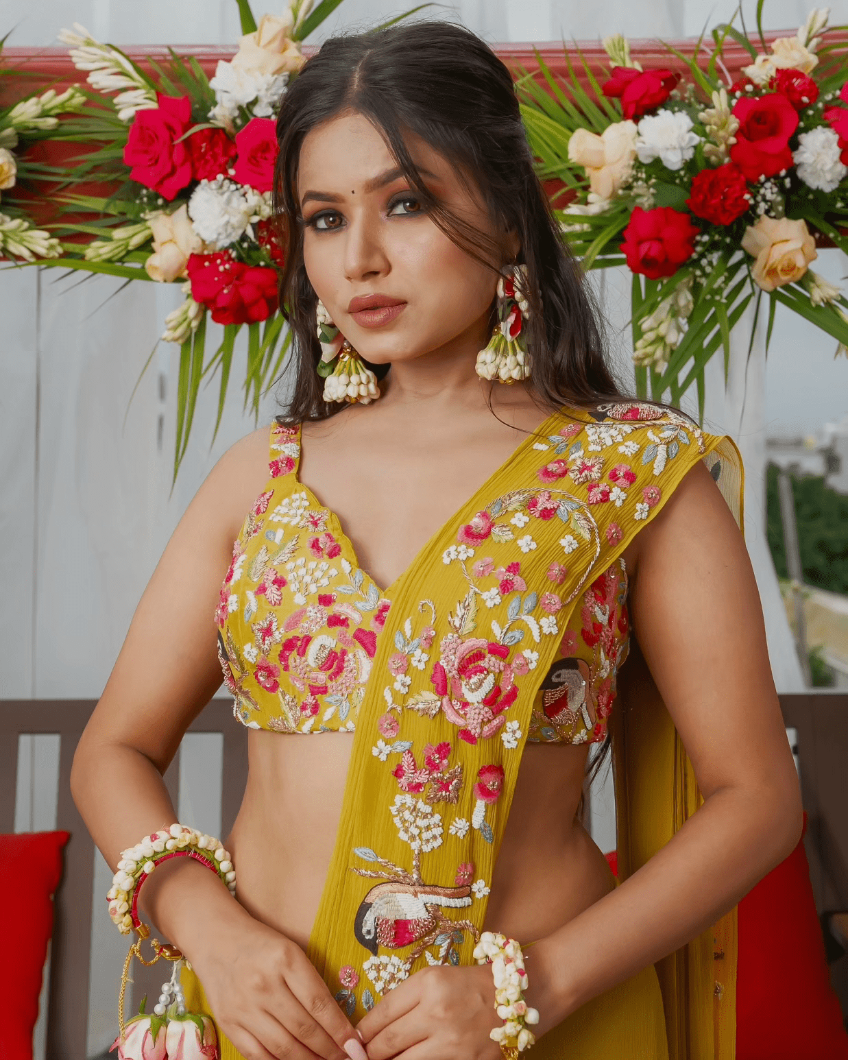 Mustard yellow drape saree