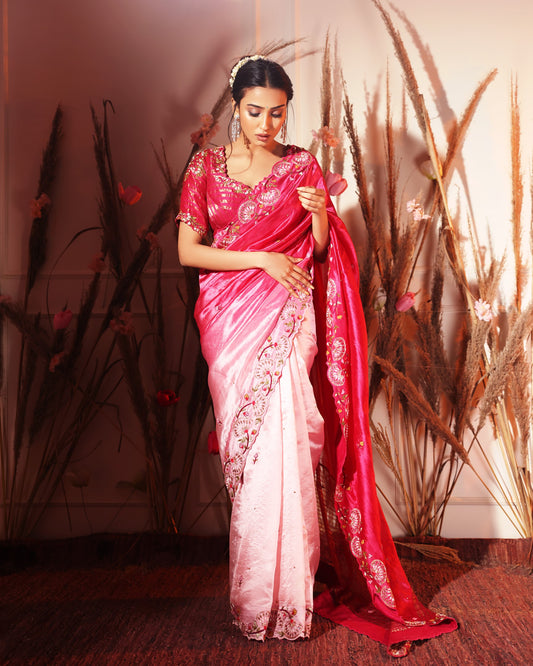 fuschia pink ombre saree