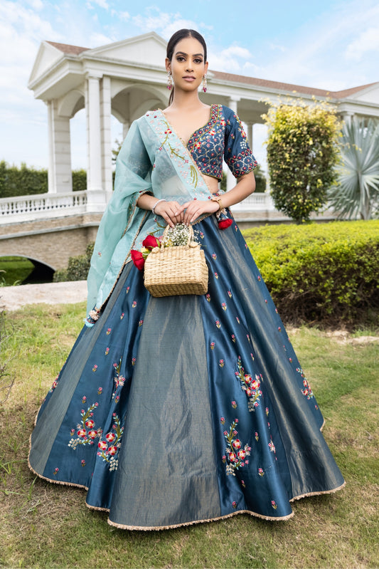 Blue Tissue Lehenga