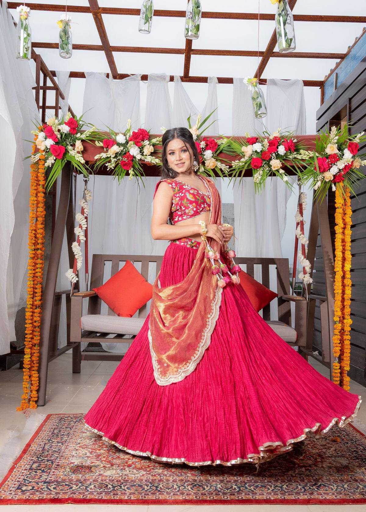 Cherry red crinkled lehenga set