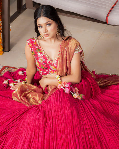 Cherry red crinkled lehenga set