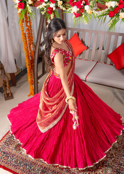 Cherry red crinkled lehenga set