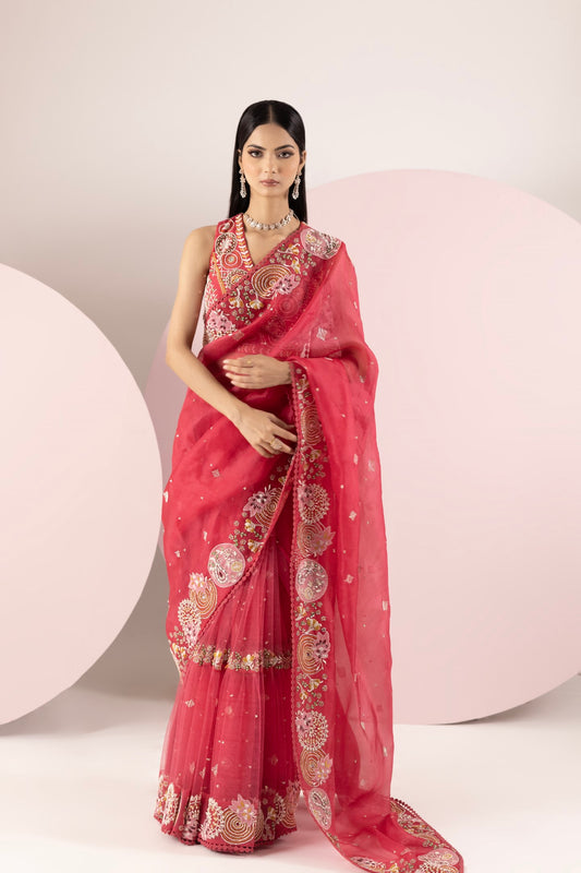 Cherry Red Organza Saree