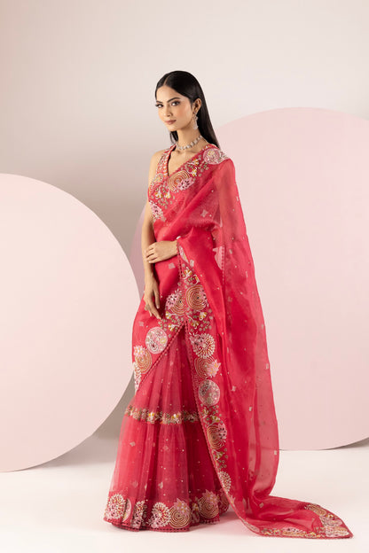 Cherry Red Organza Saree