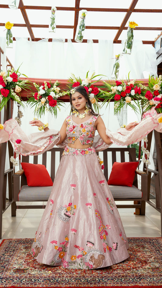 powder pink tissue lehenga set