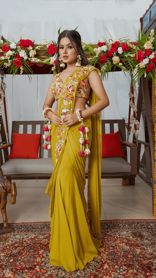 Mustard yellow drape saree