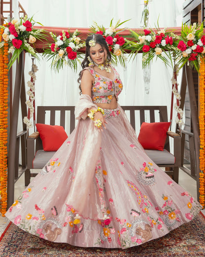 powder pink tissue lehenga set