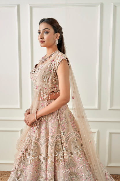 Beige Organza Lehenga Set