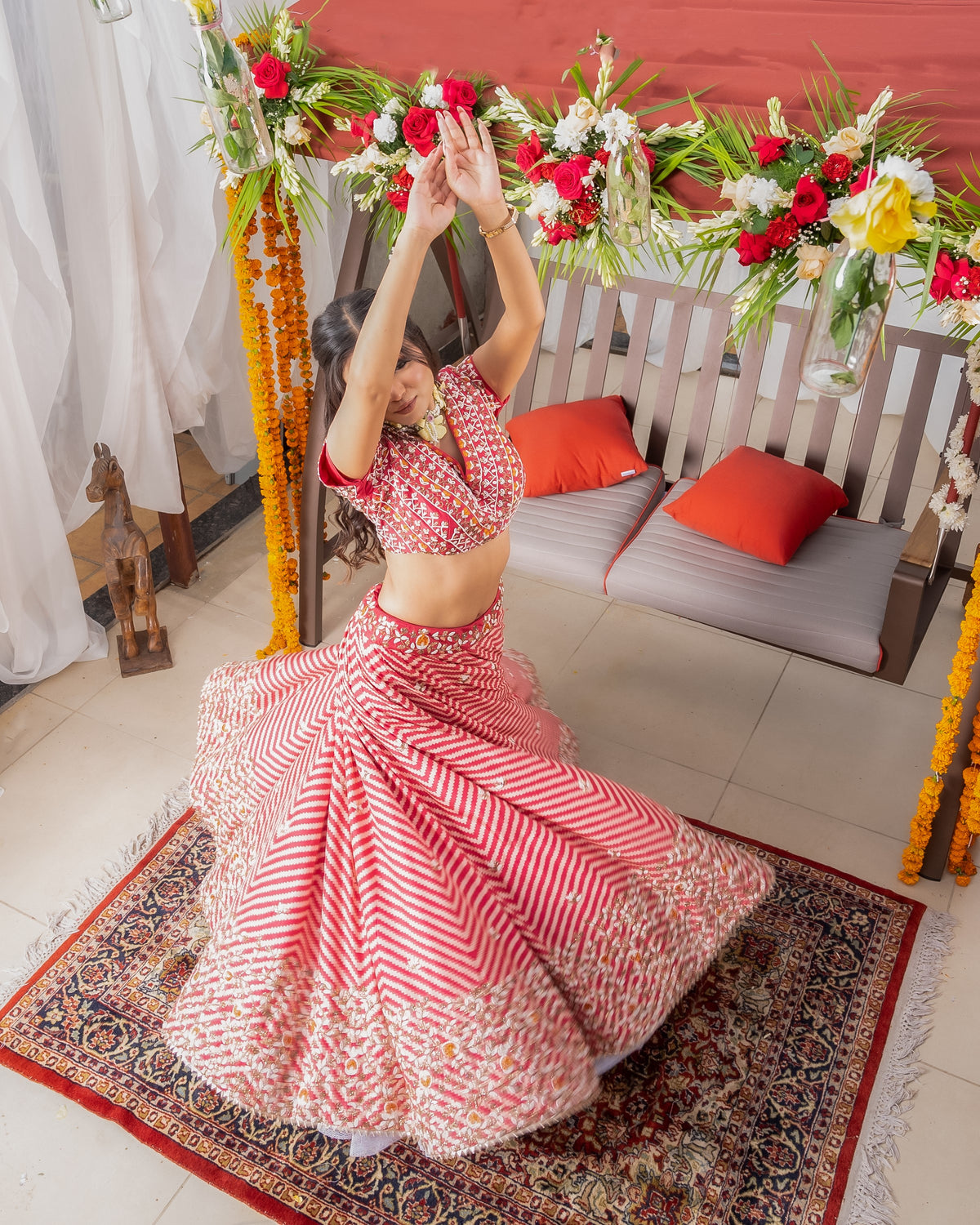Cherry red printed lehenga set