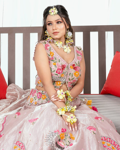 powder pink tissue lehenga set