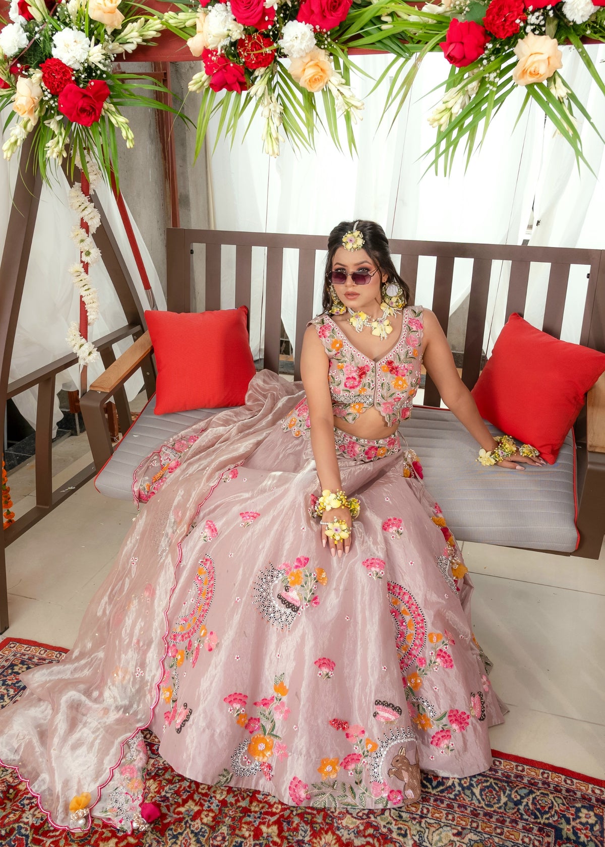 powder pink tissue lehenga set