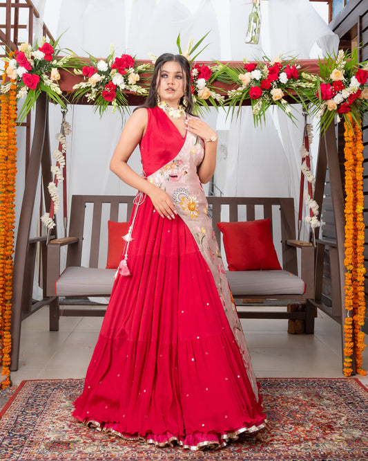 Cherry red wrap around anarkali