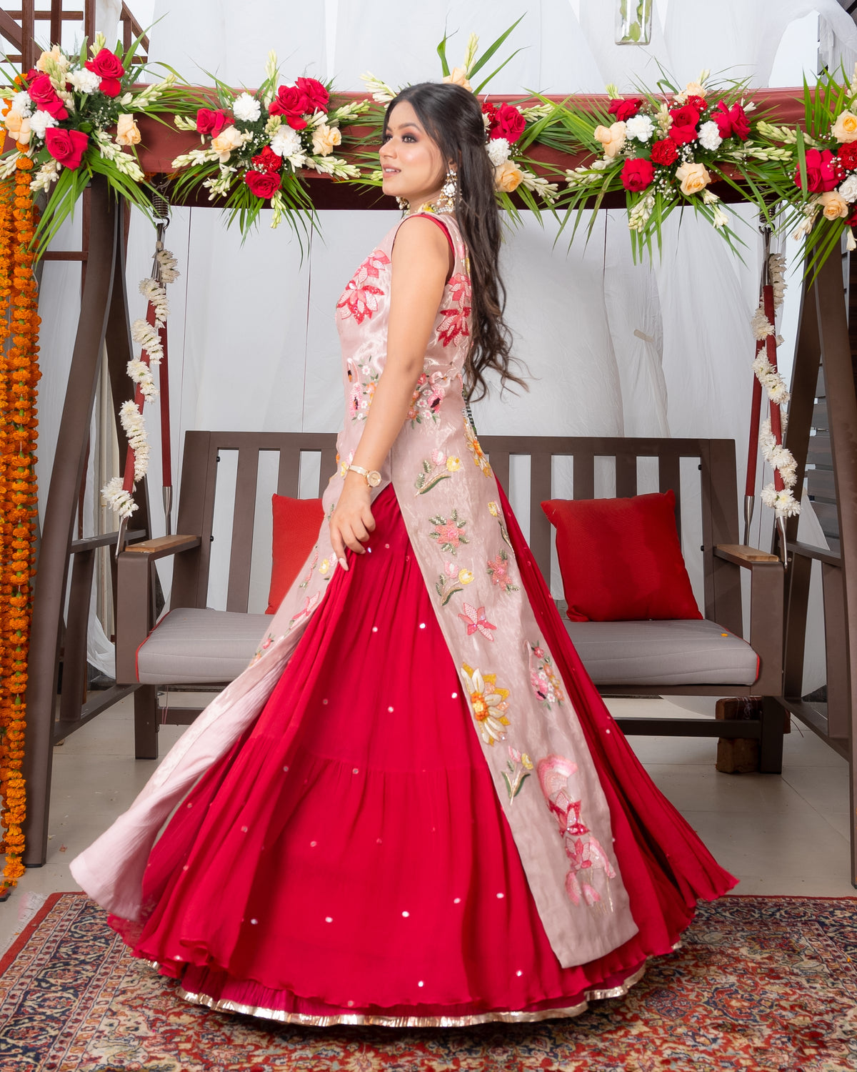 Cherry red wrap around anarkali