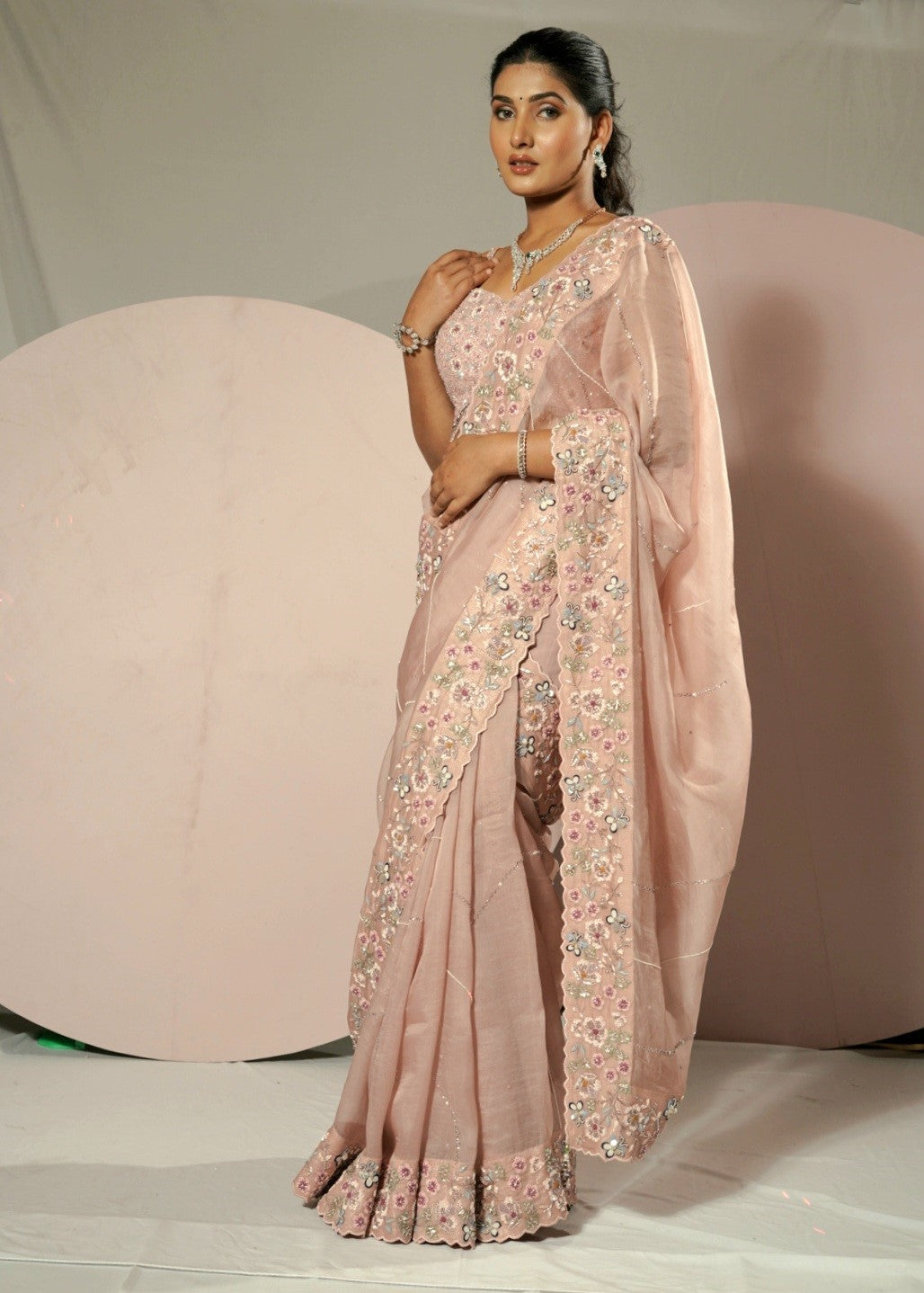 Pastel Pink Organza Saree