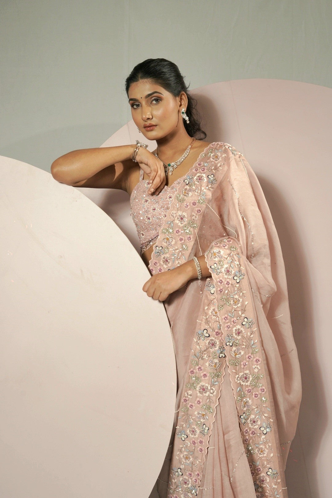 Pastel Pink Organza Saree