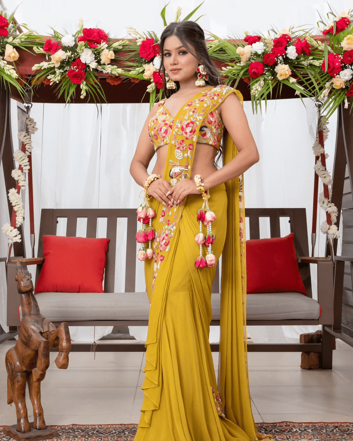 Mustard yellow drape saree
