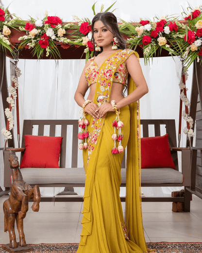 Mustard yellow drape saree