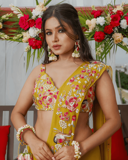 Mustard yellow drape saree