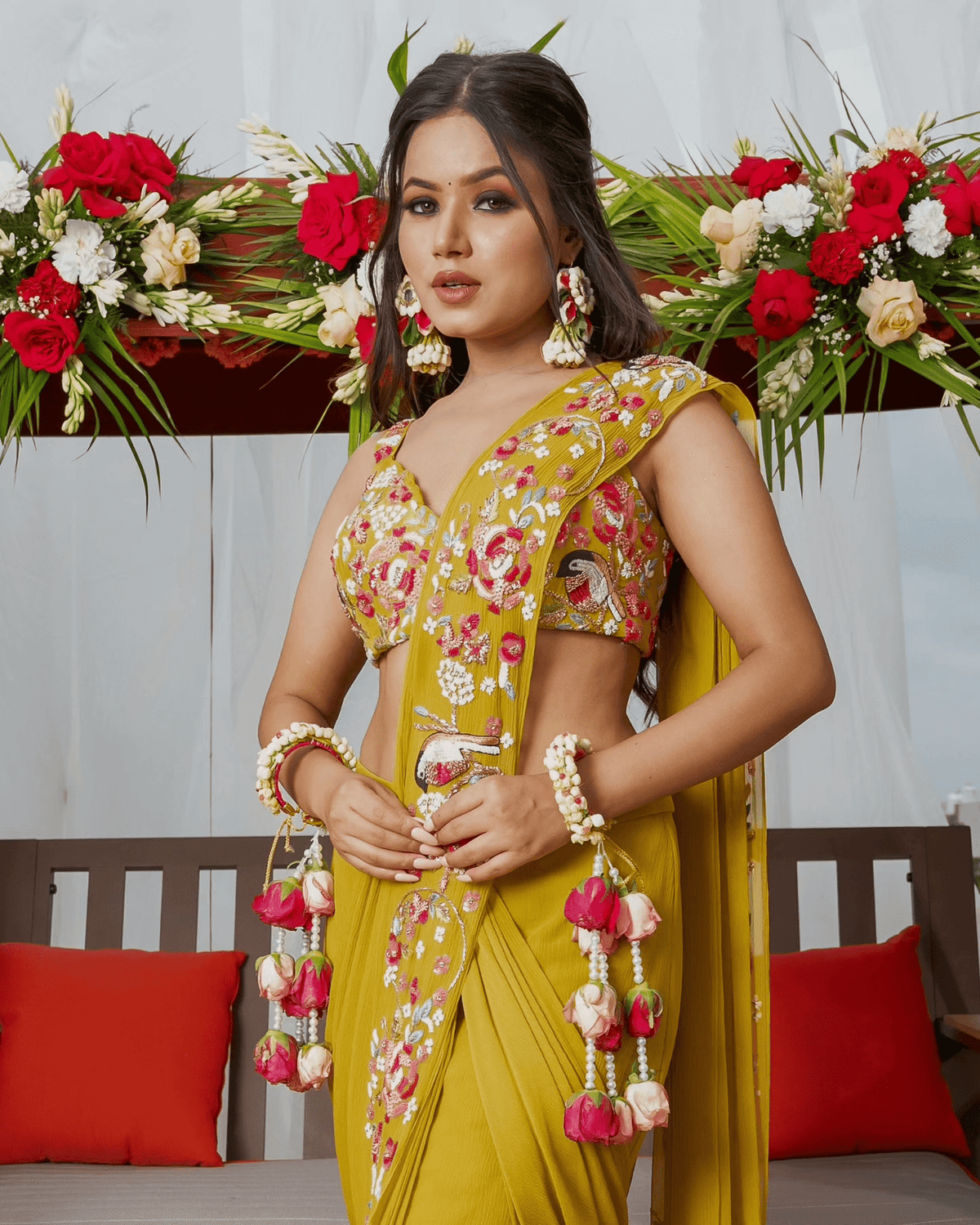 Mustard yellow drape saree