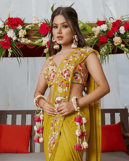 Mustard yellow drape saree