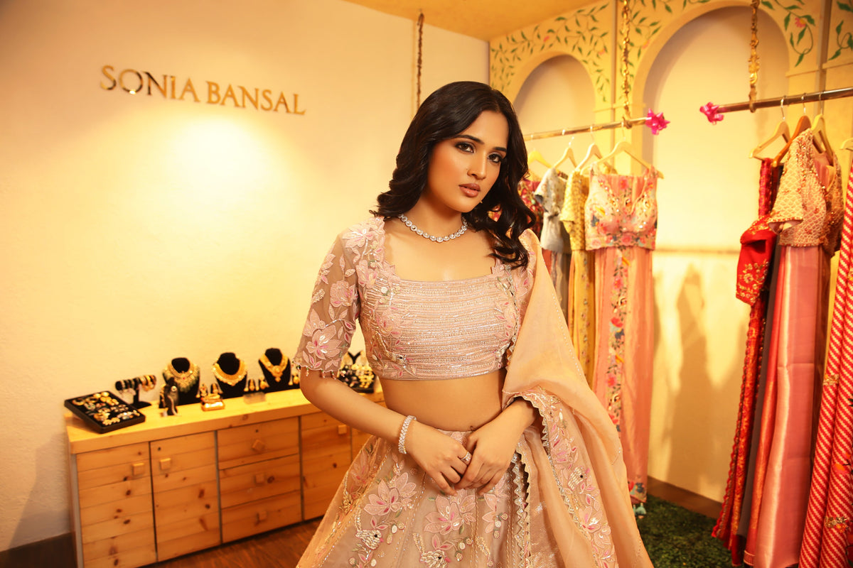 Beige applique lehenga set