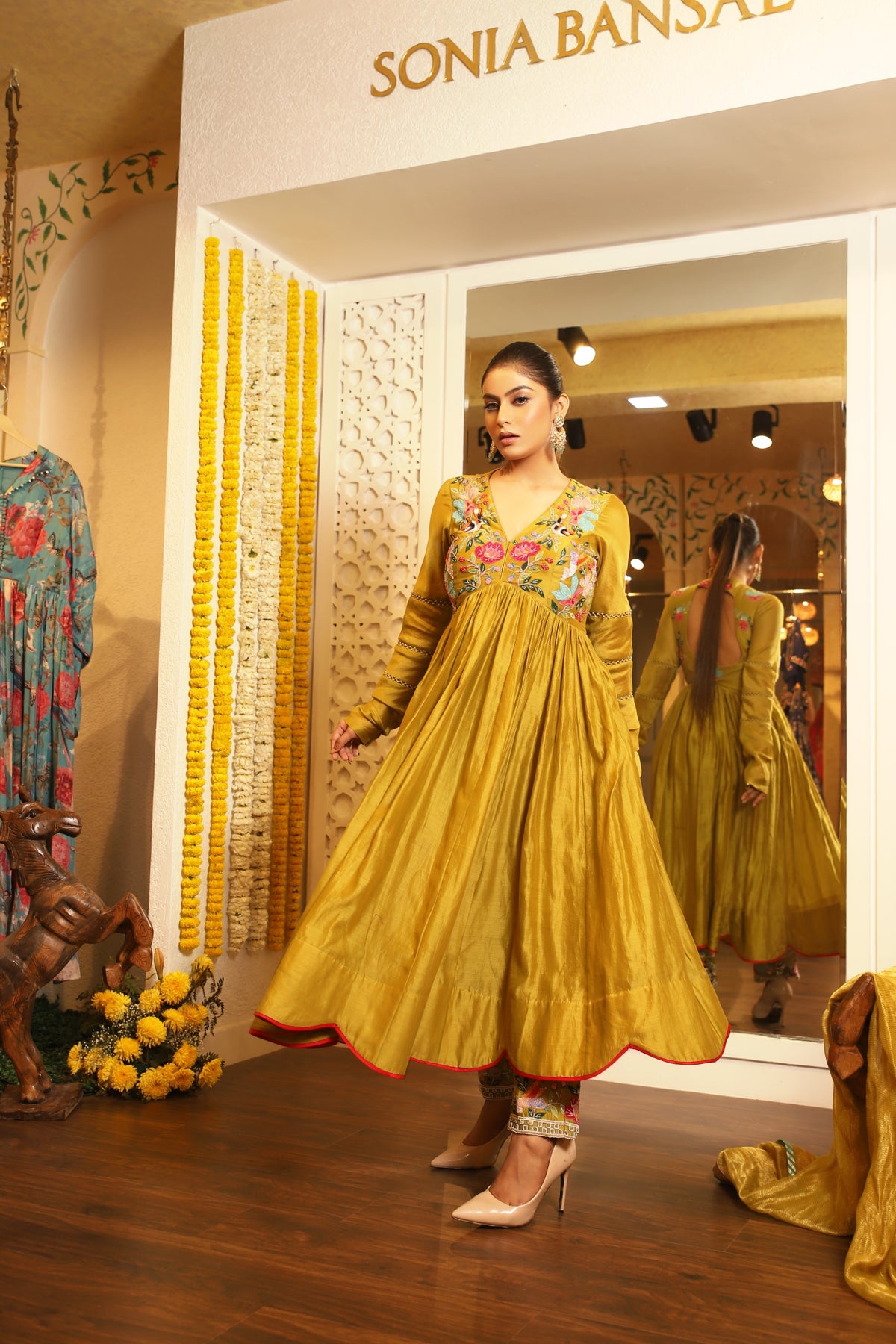 Mustard yellow applique anarkali