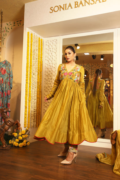 Mustard yellow applique anarkali