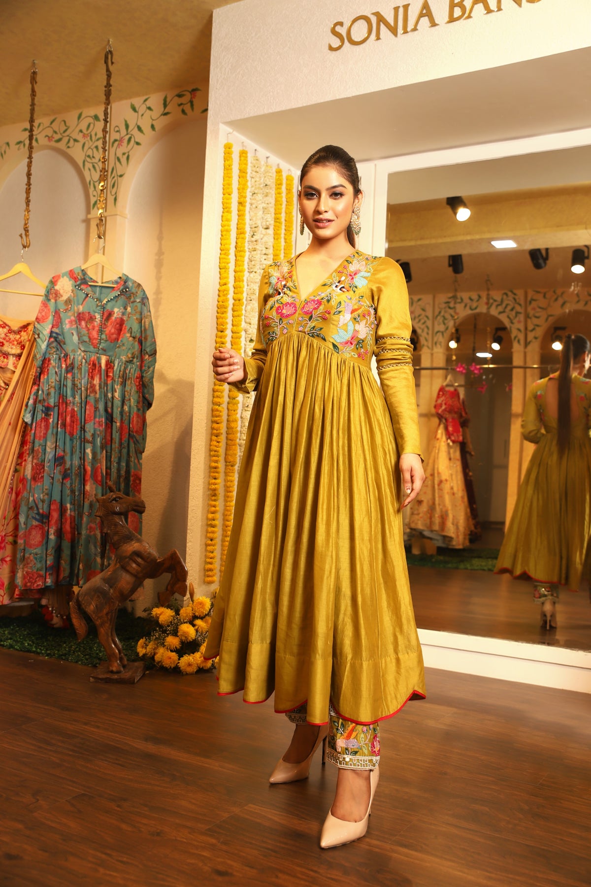 Mustard yellow applique anarkali