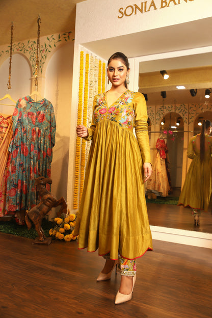 Mustard yellow applique anarkali