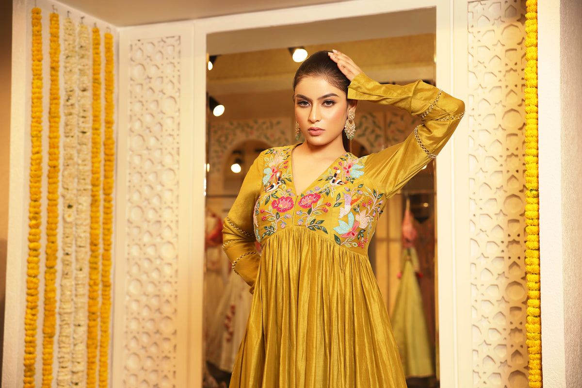 Mustard yellow applique anarkali
