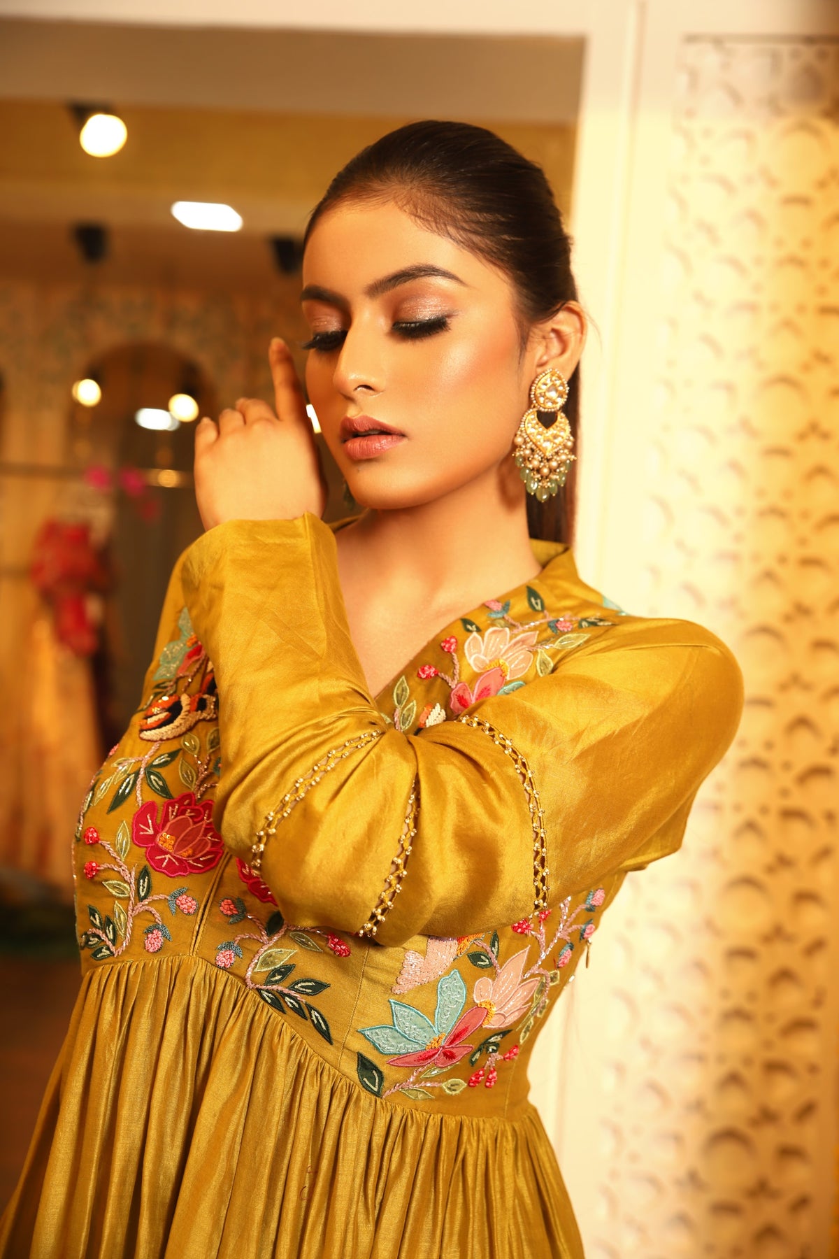 Mustard yellow applique anarkali
