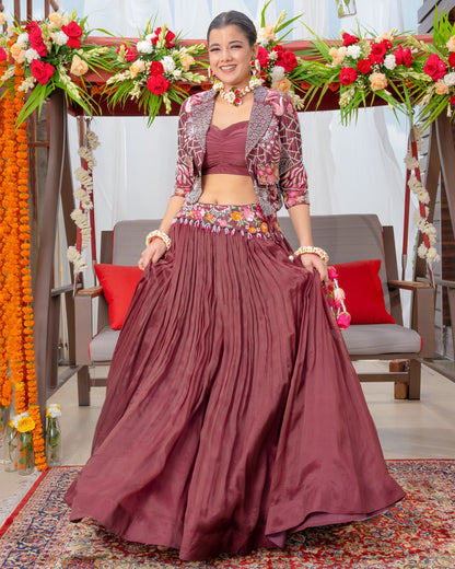 Wine crinkled lehenga set