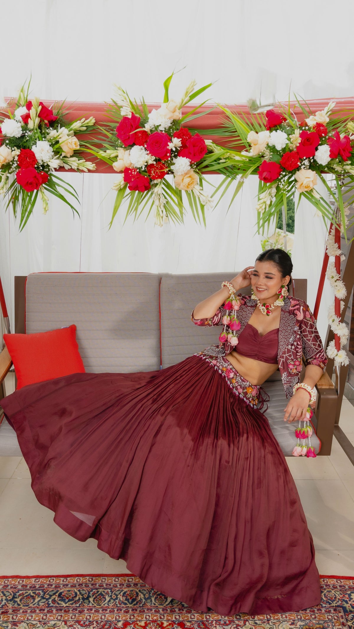 Wine crinkled lehenga set