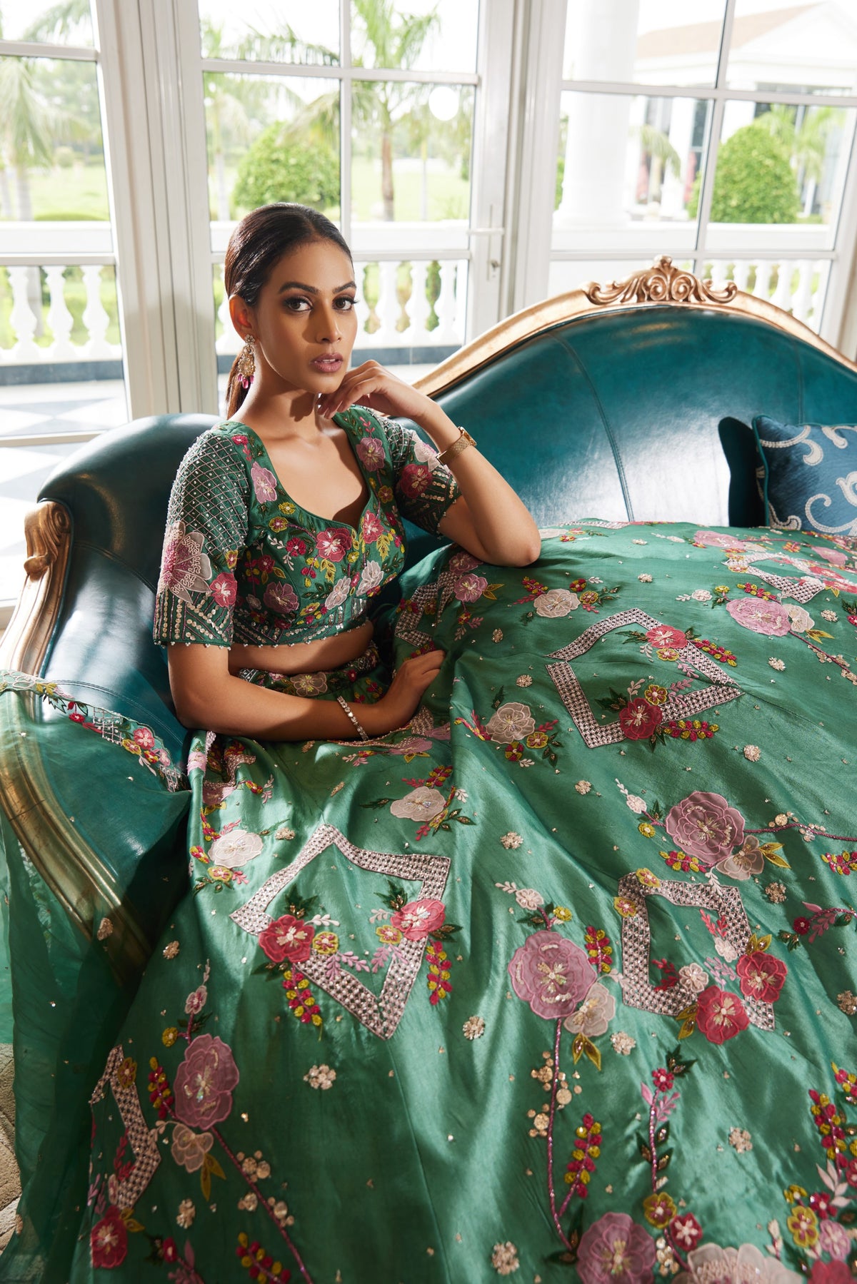 Green Applique Lehenga