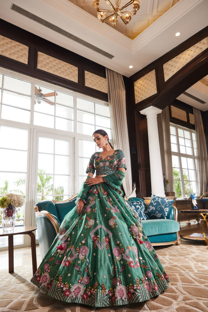 Green Applique Lehenga