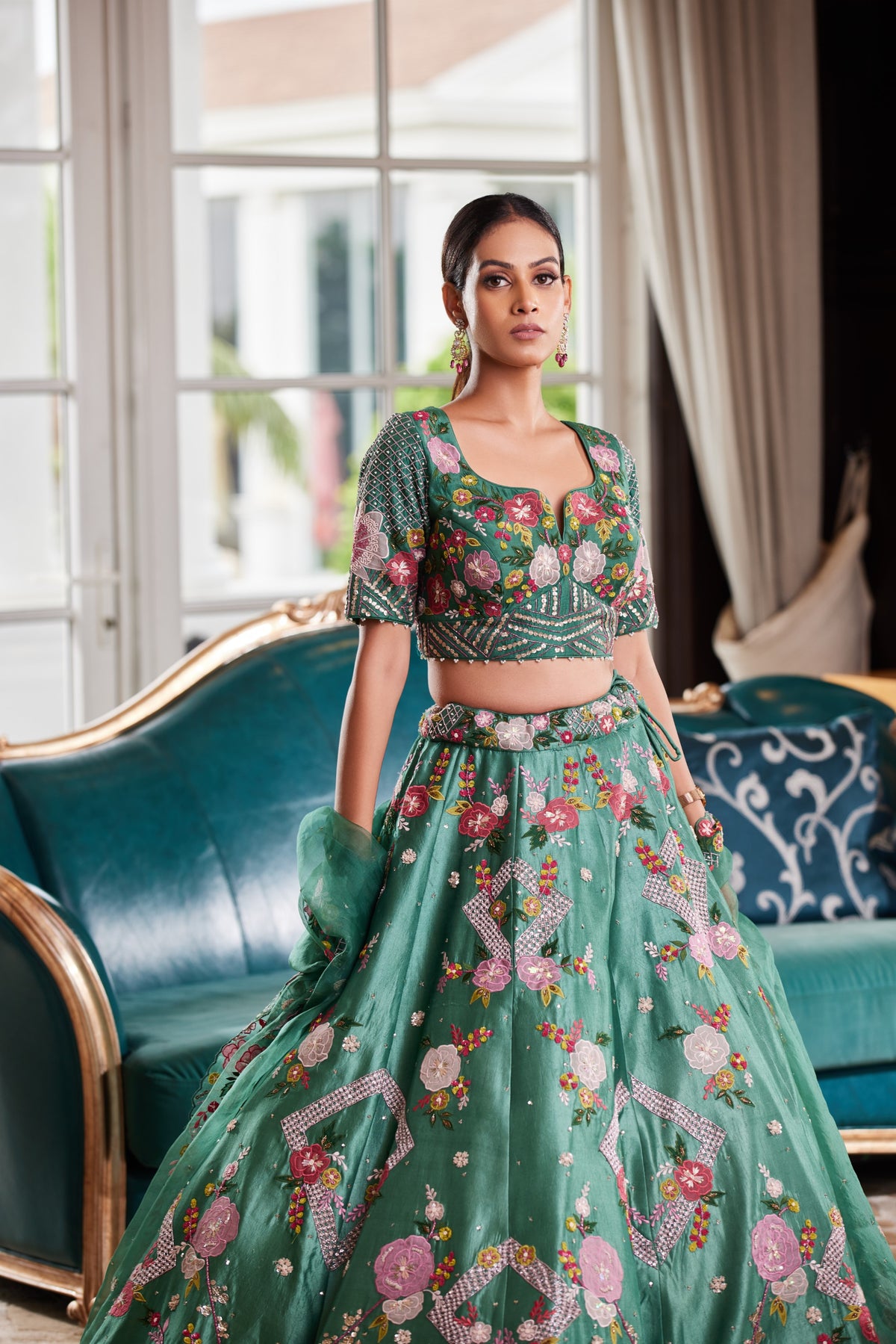 Green Applique Lehenga