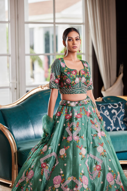 Green Applique Lehenga