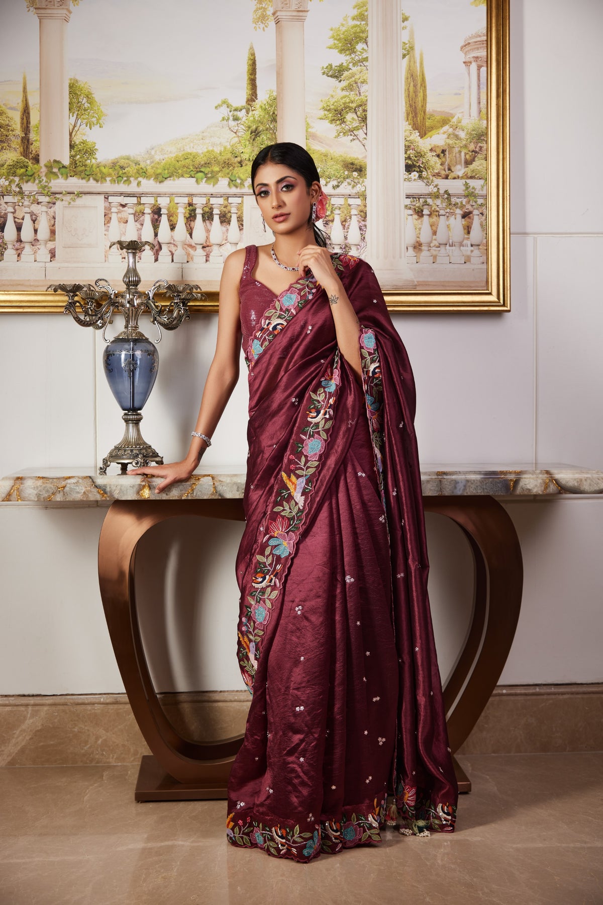 Wine Applique Saree