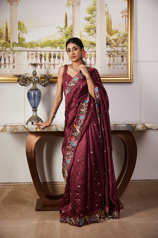 Wine Applique Saree
