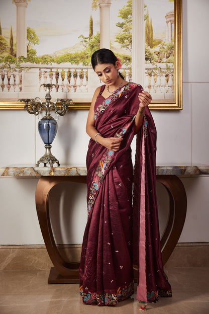 Wine Applique Saree