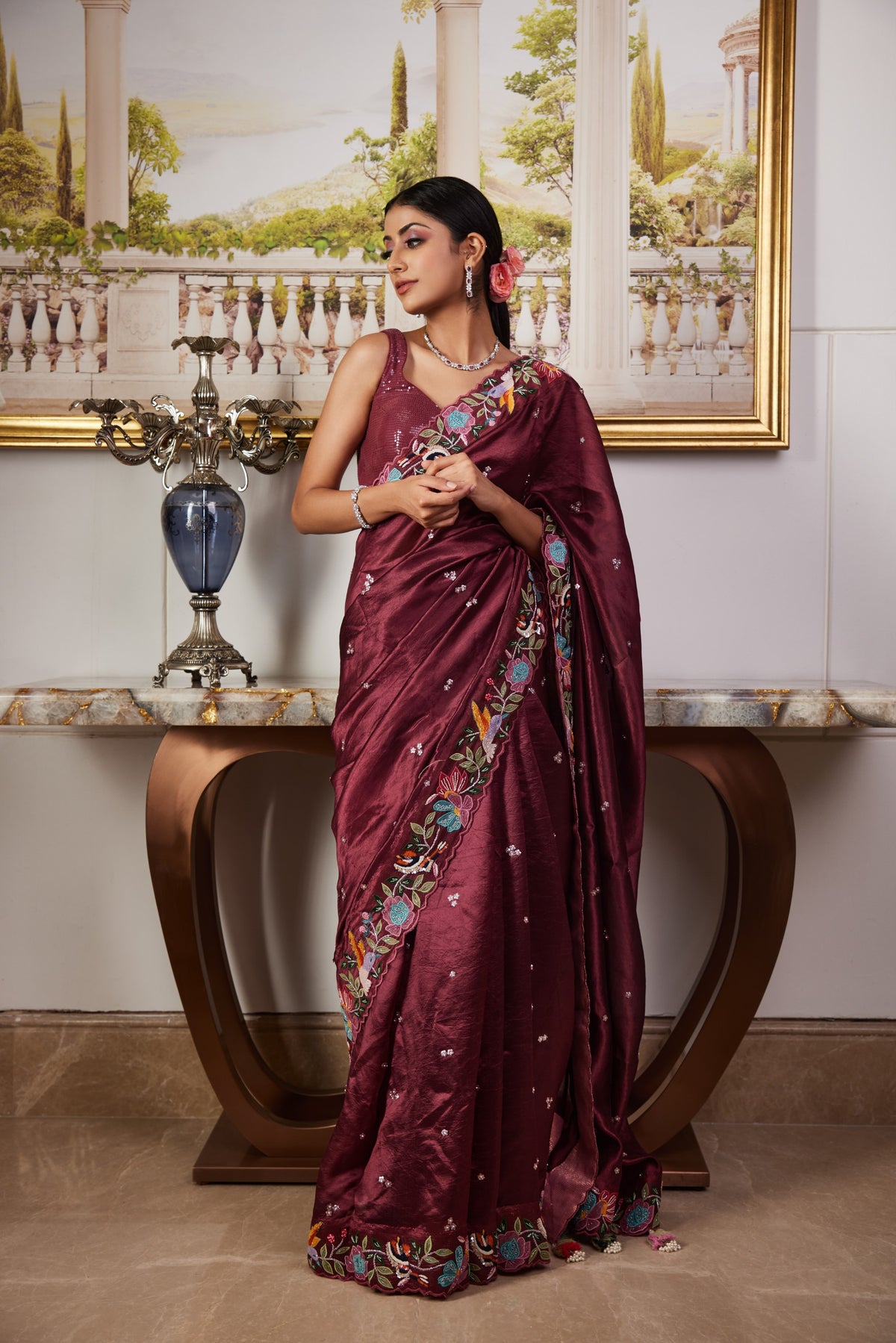 Wine Applique Saree