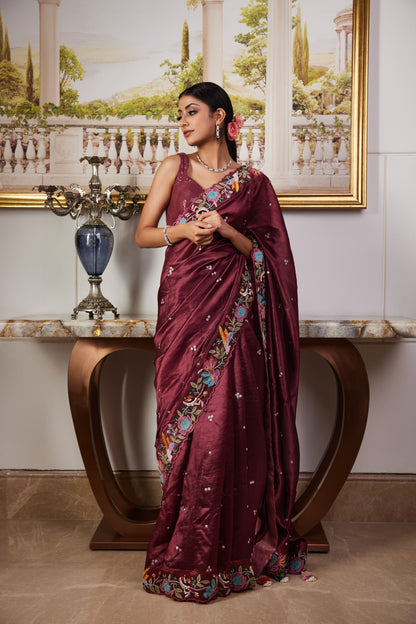 Wine Applique Saree
