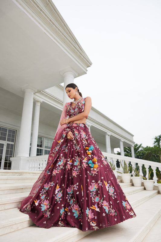 Wine Applique Lehenga