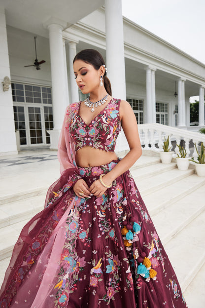 Wine Applique Lehenga