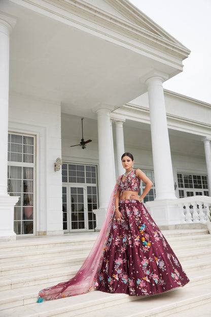 Wine Applique Lehenga