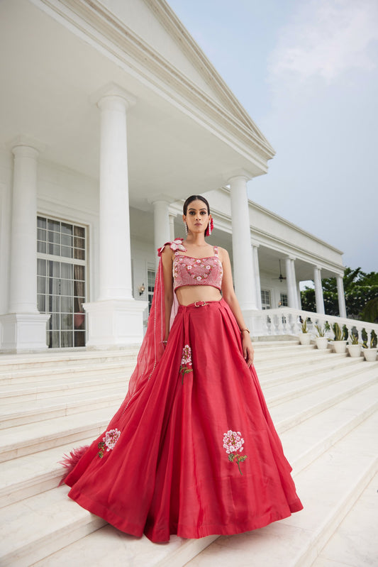 Cherry Red Organza Lehenga Set