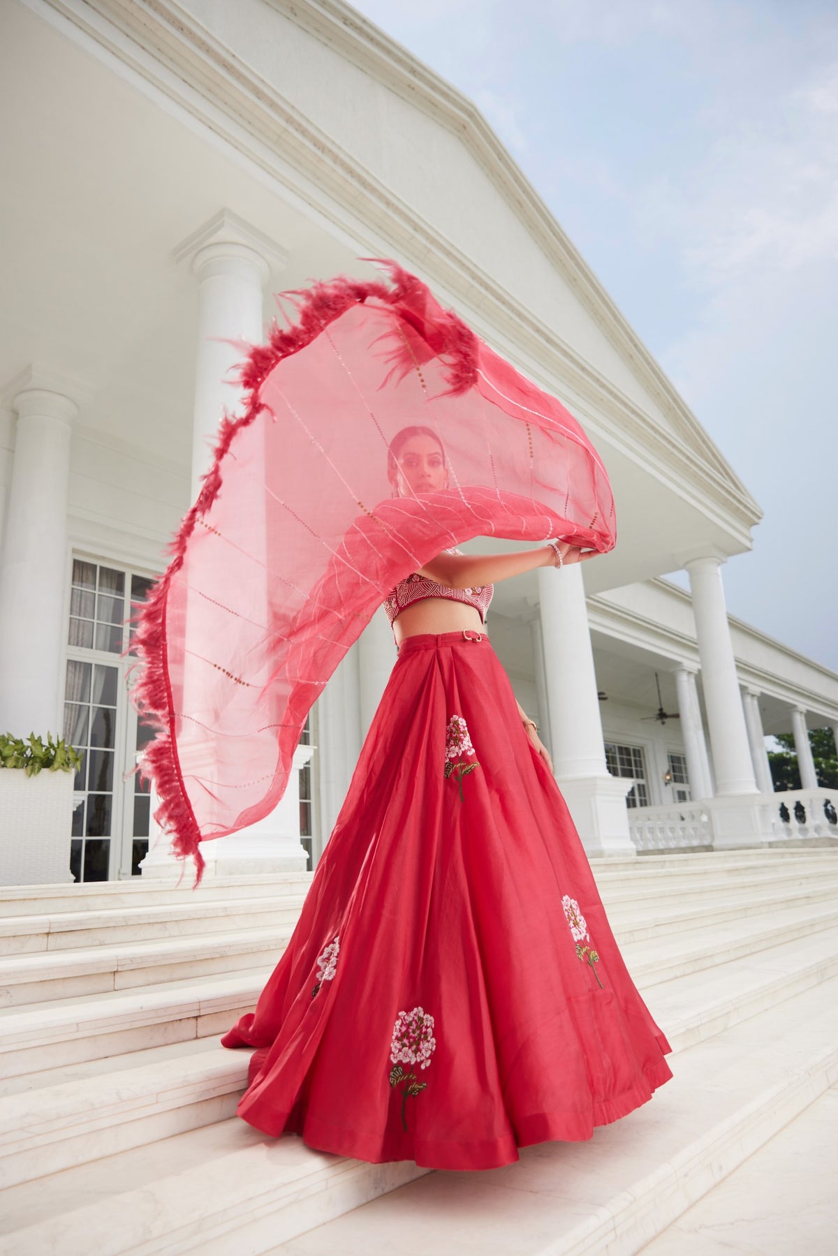 Cherry Red Organza Lehenga Set