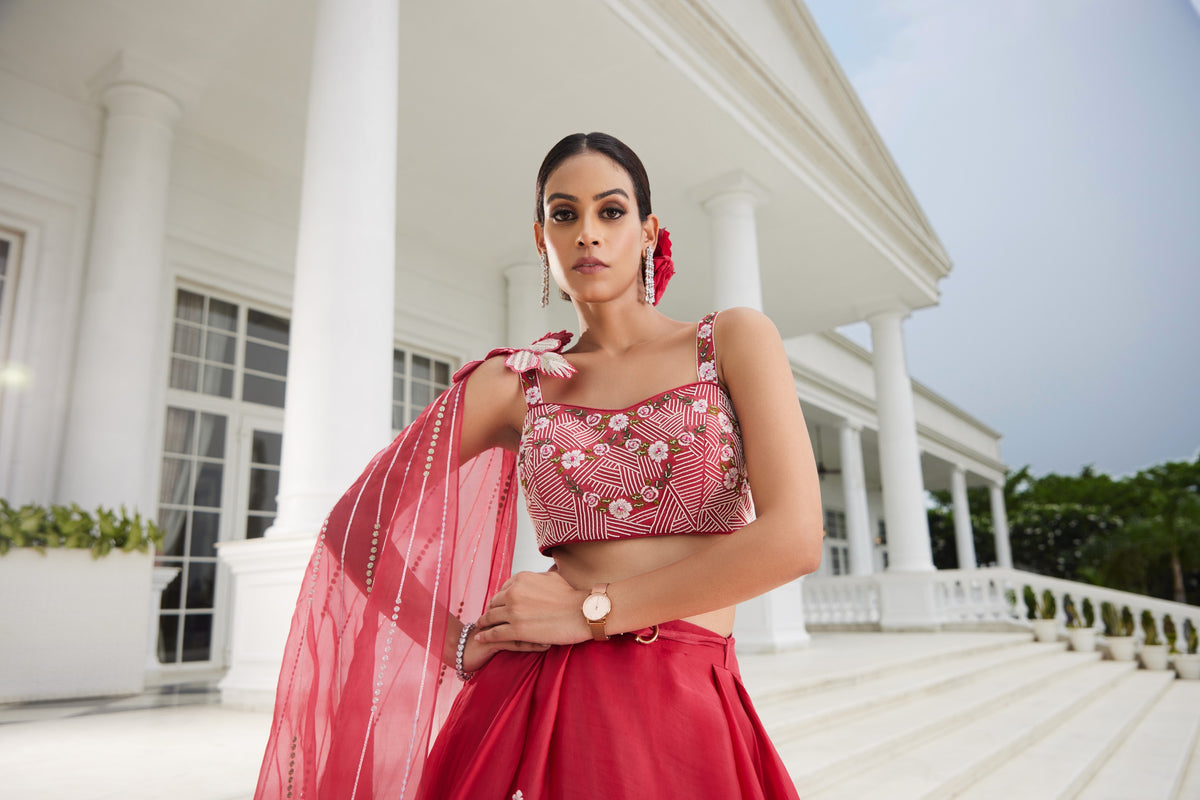 Cherry Red Organza Lehenga Set