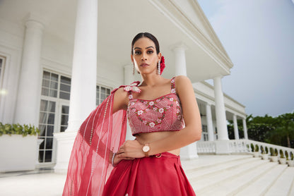 Cherry Red Organza Lehenga Set